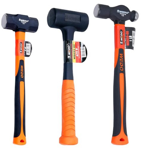 WEDO 3-teiliges Hammer-Set, 0,7 kg Totschlaghammer, 1,4 kg Vorschlaghammer und 0,5 kg Kugelhammer, Gummihammer, Bohr-/Risshammer, Fiberglasgriff stoßfest