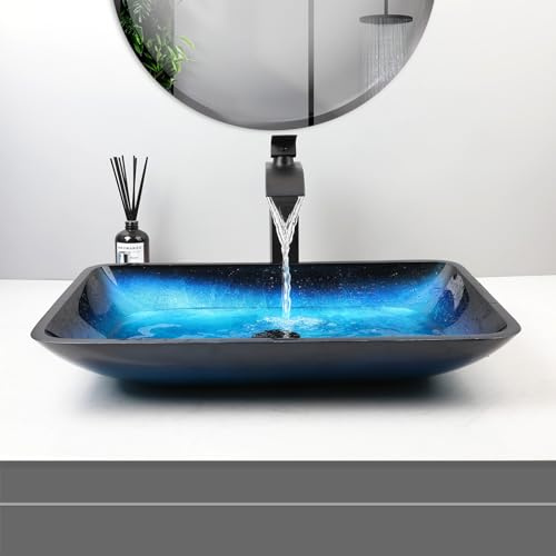 Focitland Badezimmer-Waschbecken, 55,9 cm, blaues Glaswaschbecken, Kunstbecken, oberhalb der Theke, rechteckiges Badezimmer-Waschbecken mit Wasserfall-Wasserhahn und Pop-Up-Ablauf-Kombination