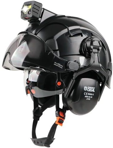 GREEN DEVIL Hard Hat Safety Helmet with Rechargeable Headlamp Light and Visor Ear Muffs Vented Work Hardhat ANSI Z89.1 Cascos De Construccion for Industrial Construction Forestry
