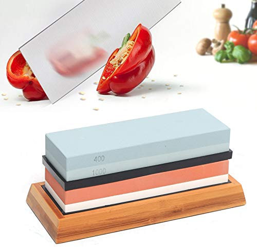 Schleifstein Messer Schärfen Messerschärfer Profi Wetzstein für Messer Schärfen Abziehstein Doppelseitiger Whetstone Schleifstein Set mit Bambusbasis, Körnung 400/1000 & 3000/8000