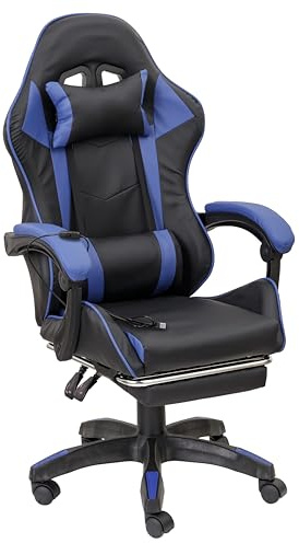 Baroni Home Chaise Gaming Ergonomique avec Massage Lombaire, Hauteur Réglable et Dossier Inclinable, Chaise de Bureau avec Repose-tête et Repose-Pieds, en Soft Foam, Bleu, 58x66x114-124 cm