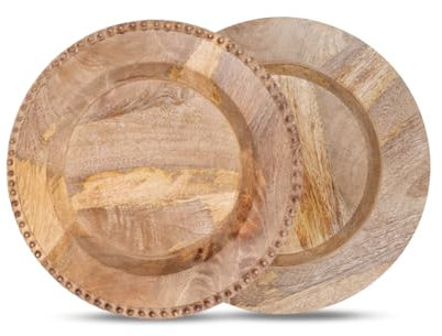Juego de 2 cargadores de madera natural para platos de cena, manteles individuales decorativos de 13 pulgadas con cuentas redondas de madera para decoración de mesa de comedor, boda, fiesta, reunión