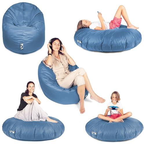 PATCH HOME 2-i-1 sittsäck fåtölj – gaming saccosäck med dragkedja – redan fylld, ergonomisk och robust för barn och vuxna – inomhus och utomhus, väderbeständig (blågrå, 155 cm)