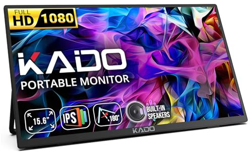 Kado Monitor portátil FHD 1080P de 15.6 Pulgadas, HDMI USB-C, Pantalla IPS Ultrafina, Altavoces Integrados, Monitor Externo de 180° para Laptop, PC, teléfono, Mac, Xbox, PS4/PS5