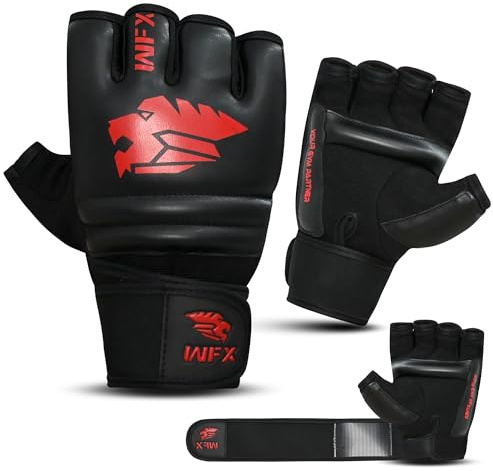 WFX MMA Gloves for Grappling Martial Arts Training, Vegan Leather Half finger Taekwondo Karate Punch bag gloves Men & Women, Body Combat Sparring Boxing Gloves, Cage Fighting, Kickboxing (Black M)
