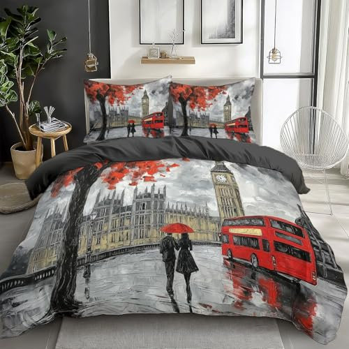 Bettwäsche Set Straßenszene London Romantik Schwarz,Weicher Wendebettbezug Mit Reißverschluss Und 2 Kissenbezügen, Bettwäsche-Set Für Kinder Jugendliche Und Erwachsene 220 cm X 240 cm