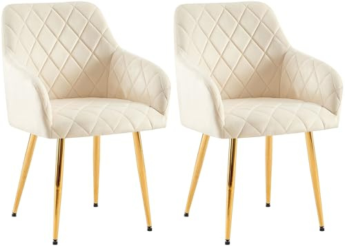CLP 2er Set Esszimmerstühle Monett I Polsterstühle mit Samtbezug I Küchenstühle mit stabilem Metallgestell Farbe Creme Material Gestell Metall Gold