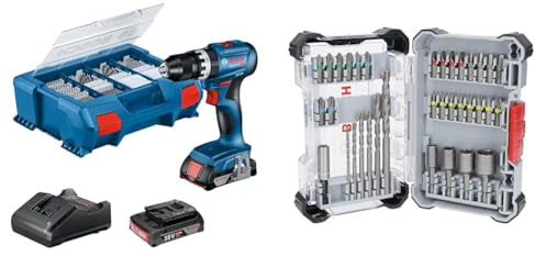 Bosch Professional 18V System Akku Schlagbohrschrauber GSB 18V-45 (Drehzahl 1.900 min⁻¹, inkl. 2x 2.0Ah Akku) + 35x Extra Hard Schrauberbit‑ und CYL-3 Bohrer-Set (197 x 110,5 mm)