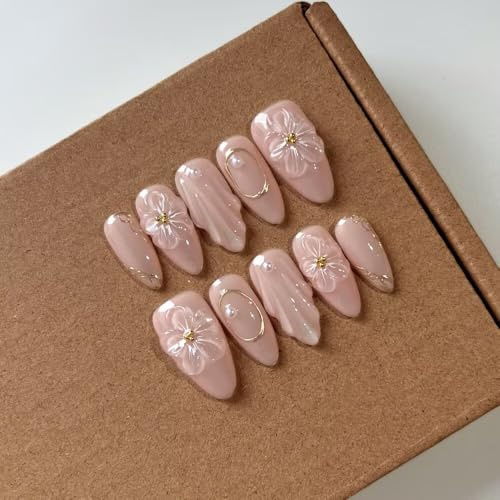 MAGLFELL Press On Nails - Medium Almond Handmade Unique Fake Nails, Thick Acrylic and Muti-Layer Gel False Nails, Reusable Gel Cured Sturdier 3D Stick On Fake Nails with Nails File Set (Size M)