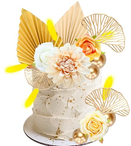 Ephlyn 24 Pack Boho Cake Topper Flower Cake Topper Leaves Cake Decorations Artificial Rose Ginkgo Leaves Balls for Wedding Baby Shower Birthday Boho Flower Themed Party Supplies Gold