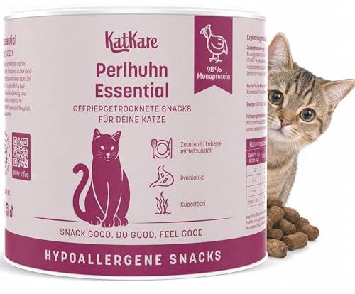 KatKare Hypoallergene Gefriergetrocknete Katzensnacks für empfindliche Katzen - Monoprotein Katzen Leckerlis Getreidefrei, ohne Zusatzstoffe, Monoprotein Proteinquelle - Perlhuhn Essential - 70g