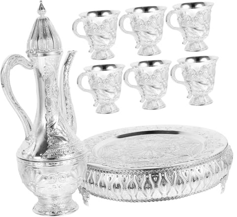 WEKADRIN Vintage Turkish Tea Pot Set with Metal Wine Kettle and Cups Elegant Curved Design Tea Serving Set for Wine Lovers and Home Decor