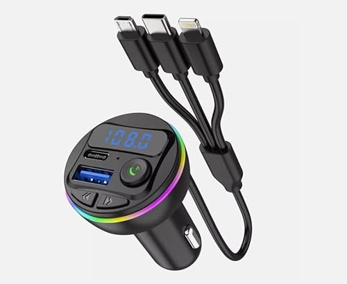 Bluetooth FM Transmitter fürs Auto mit Type-C, Micro-USB & iPhone-Kabel | Universelle Auto-Ladegerät & MP3 Player, Freisprechanlage, LED Beleuchtung, 3.1A Schnellladung