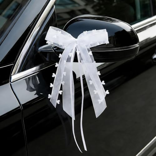 30 Pezzi Fiocchi Bianchi Matrimonio, Fiocchi Auto Matrimonio con Nastro e Cuori Decorativi, Coccarde Matrimonio Auto, Decorazioni Bianche per Fiocco per Auto da Sposa, Feste, Wedding