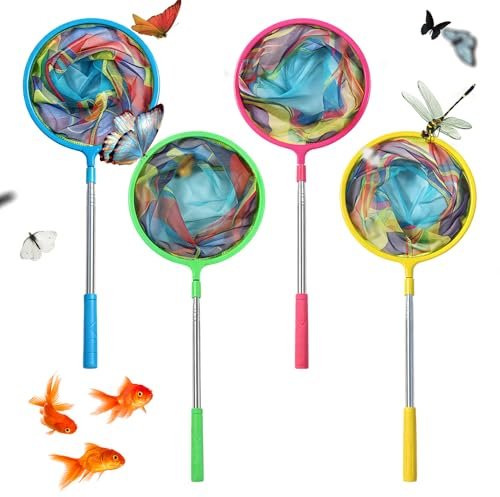 Wxeadu 4 Pcs Kids Fishing Nets, Telescopic Butterfly Net, Fishing Landing Net, 31 to 99cm Extendable Fishing Nets for Kids for Pond, Rock Pool, Catching Insects, Butterfly, Fish, Crab, Outdoor