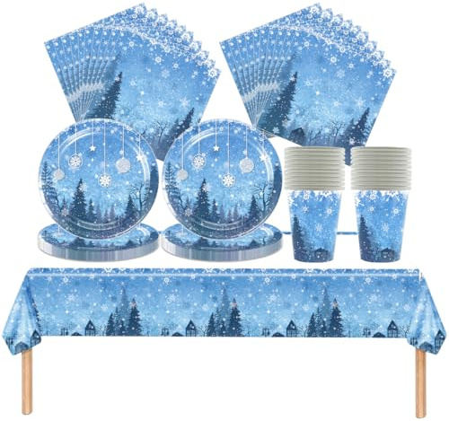 Fuwraixis Frozen party tableware, 61 piece Winter Snowflakes birthday decoration cutlery, Forest theme party supplies set, Includes paper cups, plates, napkins and tablecloths(20 guests)