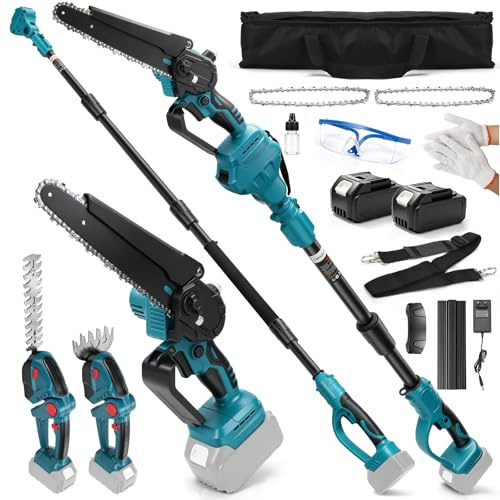 6-in-1 8 Zoll Teleskop Hochentaster & Akku Heckenschere Set mit 2x4Ah Akkus | 22cm Heckenschere &13cm Grasschere, Elektrische Kettensäge Astsäge inkl. 3 Ketten, 4,5m Max. Reichweite, 0-180° Verstellbar