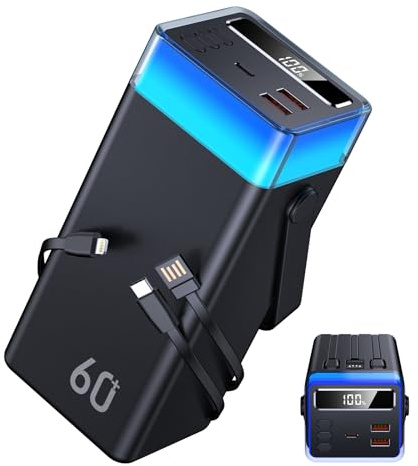 60000 mAh Batería externa de carga rápida con cables integrados, batería portátil de gran capacidad USB C PD 22,5 W Power Bank Cargador portátil 5 entradas y 2 salidas, con pantalla LED para Samsung