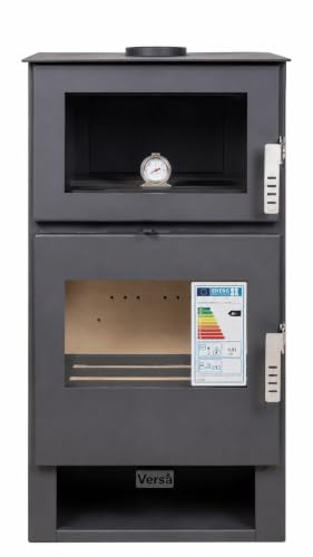 Verso F Träugn med ugn 9 kW, 81,2 % hög effektivitet, matlagning och uppvärmning, inbyggd ugn med termometer, ståltoppplatta (inget gjutjärn), 150 mm rökuttag