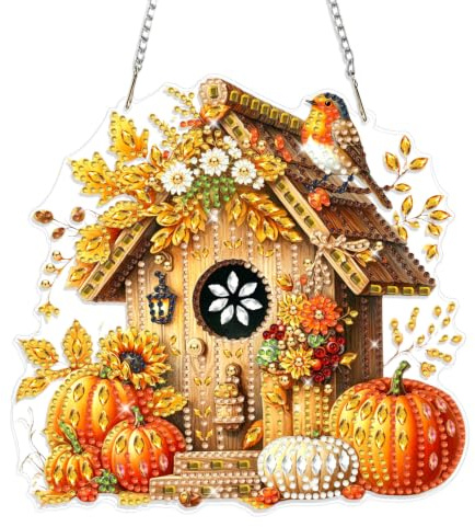 GHHKUD Herbst Vogel Diamond Painting Fensterbilder Beidseitige, Diamond Painting Anhänger mit Kette, Diamant Malerei Bilder Kristall Fensterbilder Wandbehang Kits für Eingang und Fenster Deko