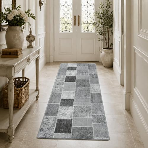 casa pura Tapis Vintage Tapis Patchwork | Polyamide résistant | Entretien Facile | 18 Tailles | Monsano, 80x250cm - Anthracite