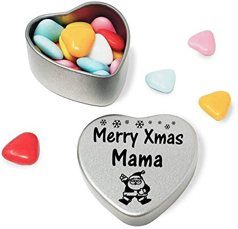 Merry Christmas Mama Mini Heart Gift Tin with Chocolates Fits Beautifully in the palm of your hand. Great for Boyfriend Makes the perfect Christmas Stocking Filler or Card