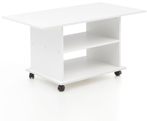 Wohnling Couchtisch 95x54,5x51 cm Weiß Drehbar mit Rollen | Wohnzimmertisch mit 2 Ablageflächen, Sofatisch schwenkbar, Loungetisch Coffee Table, Kaffeetisch für Wohnzimmer