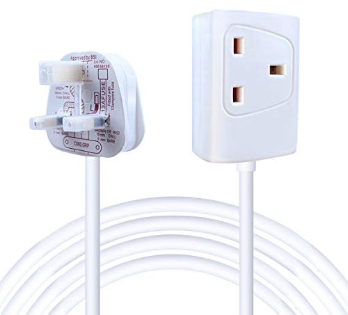 ExtraStar 1 Way Gang Single Socket Mains Power Extension Lead 13A UK 3Pin Plug - 3 Metre Cable, White