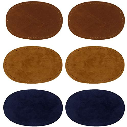 POFET 3 Pairs Sew On Suede Oval Elbow Knee Patches for Sweater Repair Crafts Brown Tan Blue