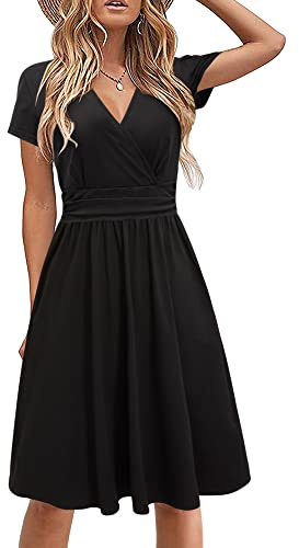 STYLEWORD Women's Summer Dress Short Sleeve V-Neck Sundress Floral Wrap Waist Casual Dress with Pockets