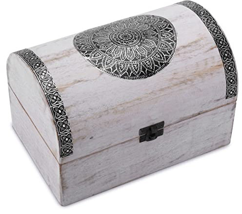 Ajuny Wooden Handcarved Decorative Jewelry Box with Mandala Flower Design on Lid Multipurpose Treasure Chest Keepsake Trinket Holder Storage Organizer Case Gifts White 9x6 Inch