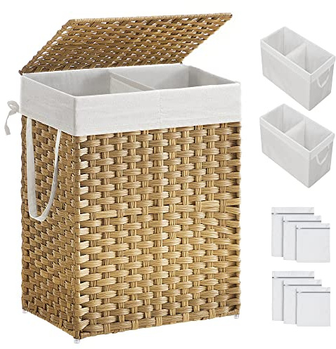 SONGMICS Laundry Hamper with Lid, 90L Clothes Hamper with 2 Removable Liner Bags, 6 Mesh Bags, Wicker Laundry Basket, Double Laundry Hamper for Bathroom, 13 x 18.1 x 23.6 Inches, Natural ULCB251N01V1