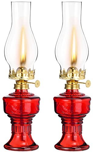2 Pcs Chamber Oil Lamps for Indoor Use Vintage Kerosene Lamp Rustic Hurricane Kerosene Lantern with Adjustable Fire Wick Lighting Oil Lantern for Home Emergency Lighting, 13'' High(Red)