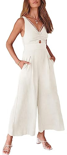 ANRABESS Women's Jumpsuits Summer Wide Leg Sleeveless V Neck Casual Dressy Linen Pants Rompers 2025 Vacation Beach Outfits White Medium