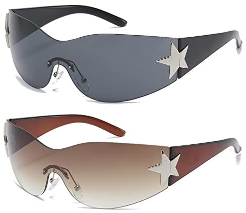 Long Keeper Trend Y2k Wrap Around Sonnenbrille für Damen Herren, Vintage Randlose Sonnenbrille Damen Groß mit Stern UV Schutz Mode Retro Rave Brille