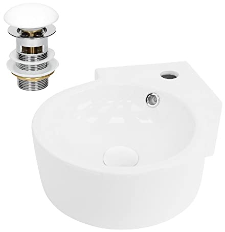 ML-Design Lavabo Esquinero de Cerámica 45x36x13cm Blanco con Desagüe Fregadero Redondo de Pared o Sobre Encimera Pila Moderna Lavamanos para Baño o Aseo con Agujero para Grifo y Rebosadero