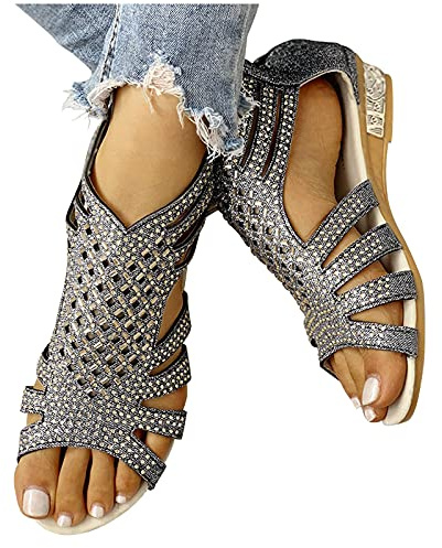 Hufu Women's Crystal Gladiator Sandals, Ladies Fashion Open Toe Sandals, Boho Rhinestone Cut Out Back Zip Up Sandals Shoes, Breathable and Non Slip Wedge Sandal Beach Sandal, 7.5