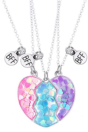 Hifot 3 Piezas Colgante Corazon Lentejuelas, Cadena Plata Mujer para Mejores Amigas - Regalos Personalizados de Amistad BFF para 3 Niñas
