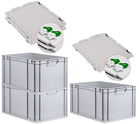 PROREGAL SuperSparSet 3x Eurobox NextGen Grip mit Scharnierdeckel und grünen Schiebeschnappverschlüssen, HxBxT 32x40x60cm, 65 L, Grau, Griffe geschlossen, Eurobehälter, Transportbox