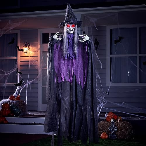 JOYIN 182 cm große animierte hängende sprechende Halloween-Hexe mit leuchtenden Augen, gruseligem Sound, klangaktivierter hängender Hexe für Halloween-Dekorationen im Innen- und Außenbereich