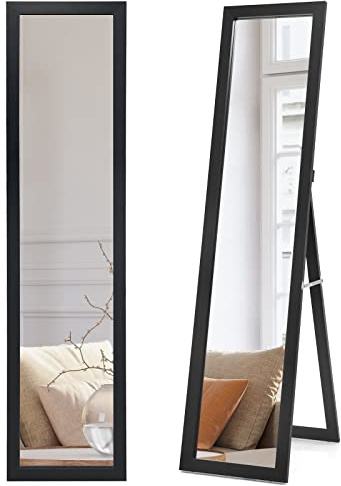 COSTWAY Full Length Mirror, 153x37cm Wall Mounted/Free Standing Floor Mirror, Wooden Frame Rectangle Large Long Hanging Full Body Dressing Mirror for Living Room Bedroom Hallway (Black)