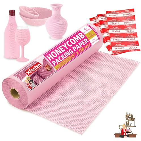 Pink Honeycomb Packing Paper for Moving 15-Inch x 118-Feet Bubble Honeycomb Wrap, Honeycomb Wrapping Paper for Packing Cushion with 30 Fragile Stickers Packing Supplies by Xfasten