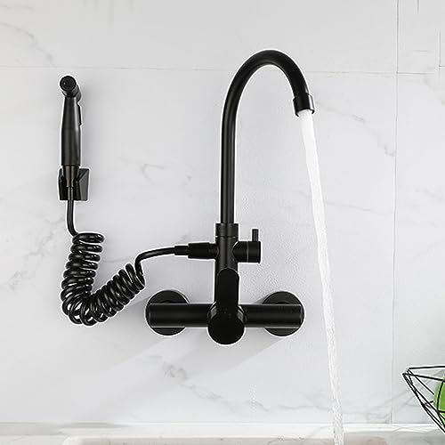XJTNLB Wall Mounted Mixer Tap Kitchen Sink 2 Hole Black Kitchen Tap Pull Out Spray Stainless Steel Sink Taps for Kitchen Single Handle