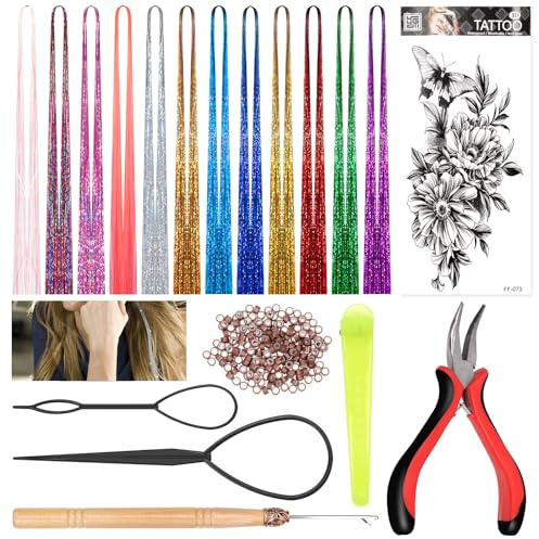 Swpeet 218-teiliges Haar-Lametta-Set mit 12 Farben, 2760 Strähnen, mit Silikon gefüttert, Mikroring, Häkelnadel, Pinzette, Clip, Tattoo-Aufkleber, Haarschwanz-Werkzeuge für Weihnachten, Neujahr