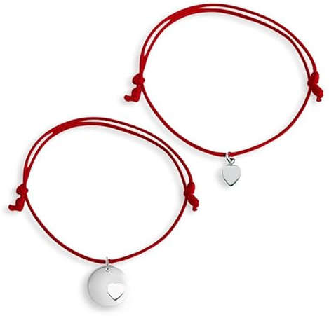 Flores Coppia braccialetti filo rosso del destino con 2 cuori in argento