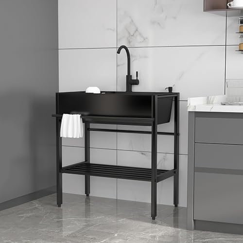 Freistehende Edelstahl Spültisch, Küchenorganisation Spüle, Mobiles Waschtisch, Schwarz Multifunktionswaschtisch Mit Armaturen, Handwaschbecken Für Waschküche, Für Badezimmer, Garage (Size : 68x45x86