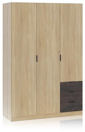 duehome | Armario de 3 Puertas y 3 Cajones, Armario para Dormitorio, Modelo Hexa, Acabado en Roble Canadian y Oxido, Medidas: 121 cm (Largo) x 180 cm (Alto) x 52 cm (Fondo)