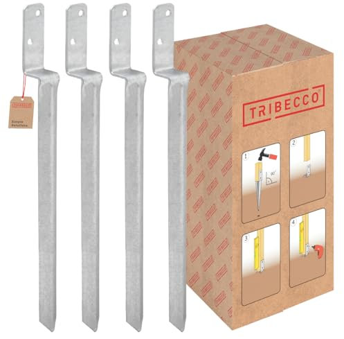 TRIBECCO Einschlag-Bodenhülse L-Form für Vierkant-Holzpfosten Abmessungen 40 x 530 mm L-Pfostenträger zum Einschlagen in den Boden universeller L-Stützenschuh aus Stahl feuerverzinkt (6, Silber)