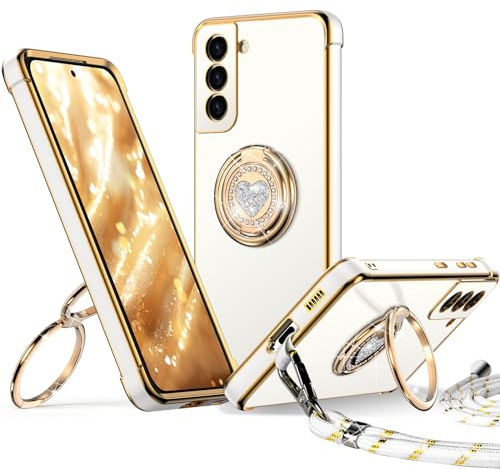 XYZ für Samsung Galaxy S21 Hülle mit Band, Weiß | Herzen Doppelring Ständer HandyHülle, Frauen Mädchen Dünn Stoßfeste Case mit Handykette, Anti Kratzt SchutzHülle