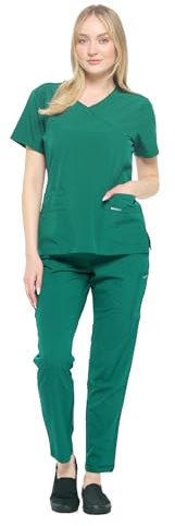 Dagacci Medical Uniform Women's Fitted 4-Way Stretch Y Neck Natural Stretch Scrub Set, Hunter Green, S